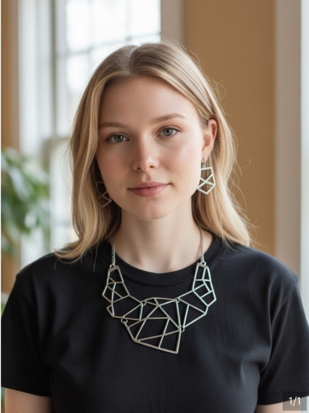 Geometric Statement Necklace and Earring Set in Gunmetal Silver